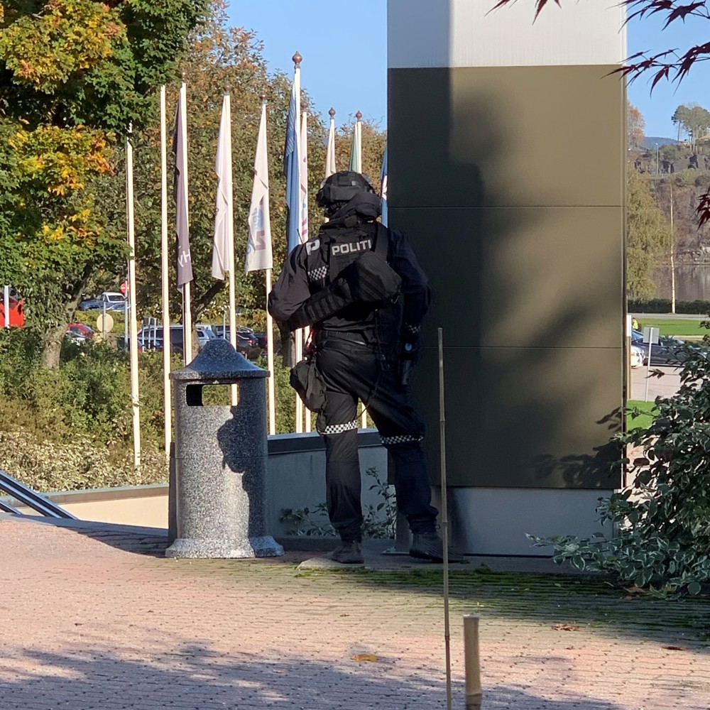 ryggen på en politibetjent som står på vakt bak en pylon.
